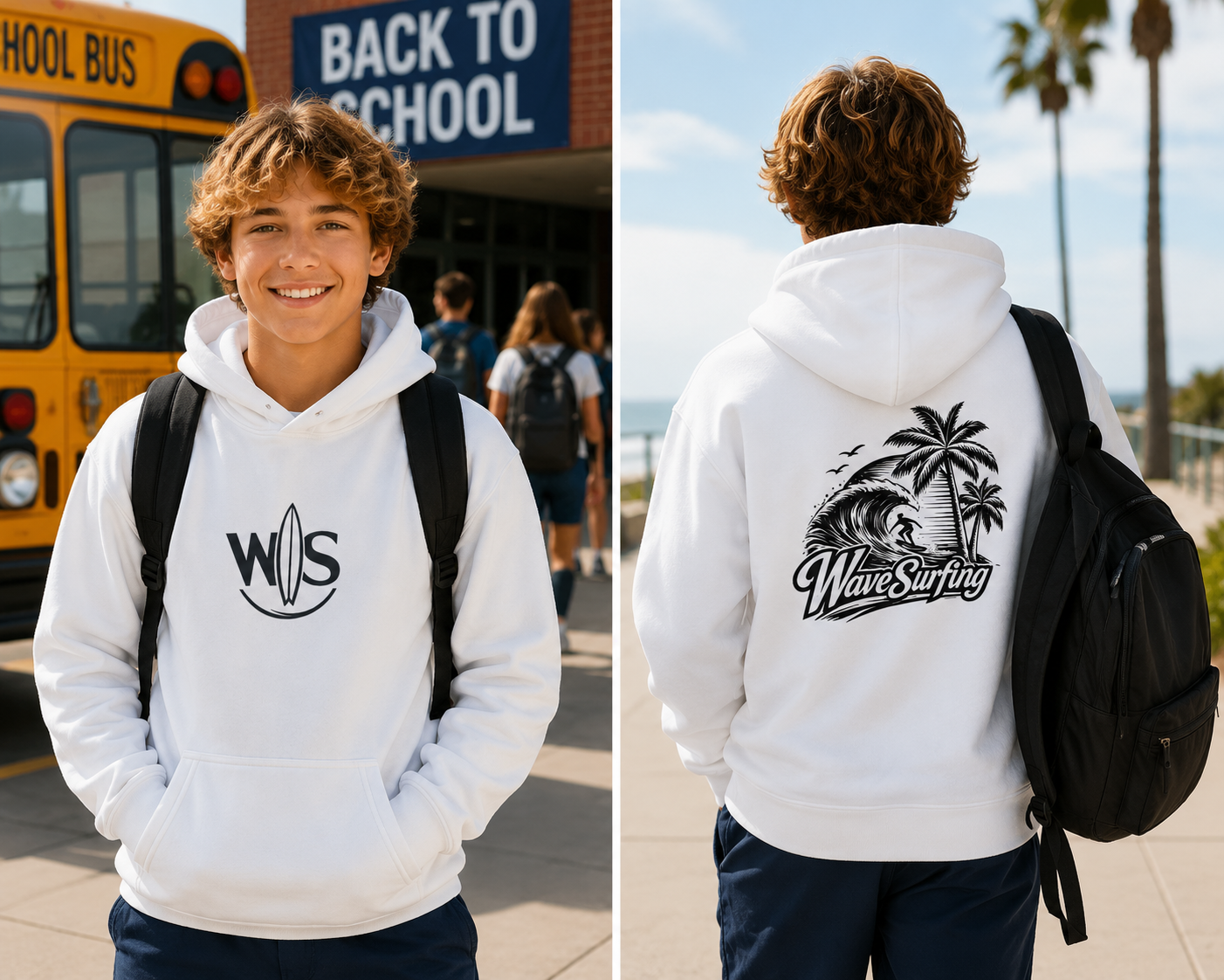 Young model wearing the white WaveSurfing™ Youth Heavy Blend Hoodie, shown from the front and back with a backpack in a coastal back-to-school setting.