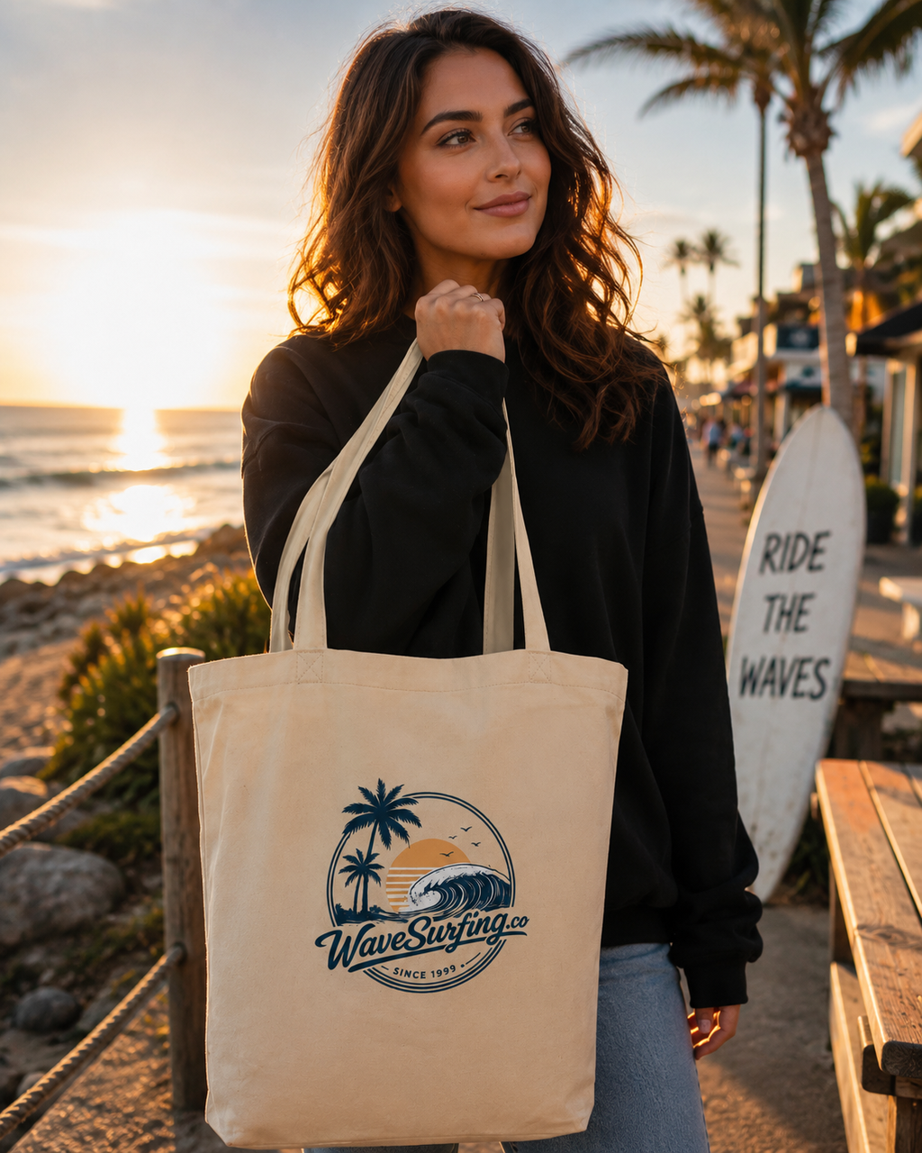 Sunset Tote Bag WaveSurfing – sac réutilisable surf vue de face