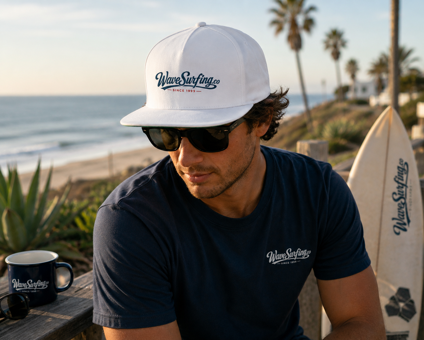  WaveSurfing™ Flat Bill Snapback Cap blanc porté par un surfeur au bord de l'océan – lifestyle surf côtier Since 1999