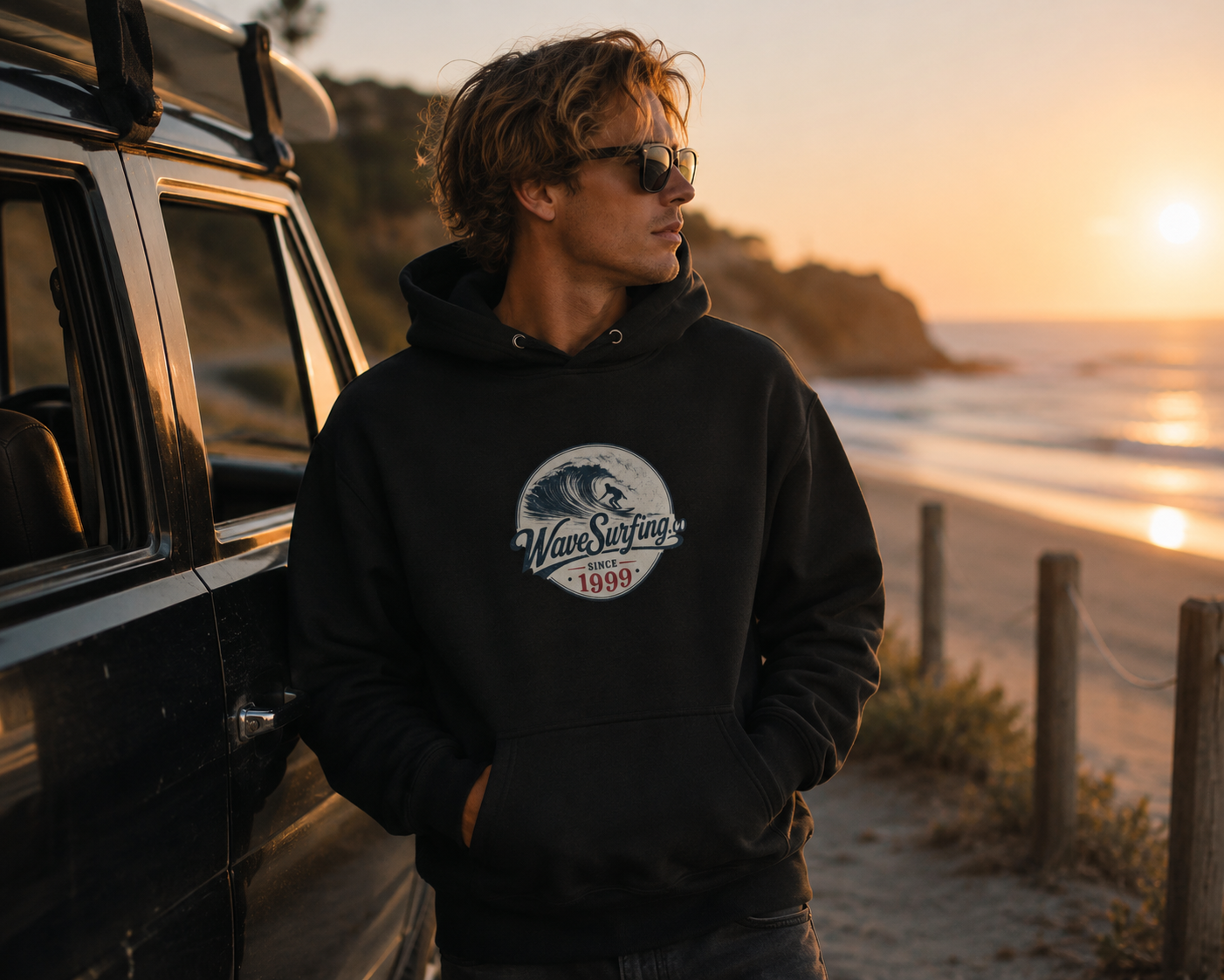 Black WaveSurfing™ surf hoodie worn on a beach at sunset with vintage SUV and ocean backdrop.