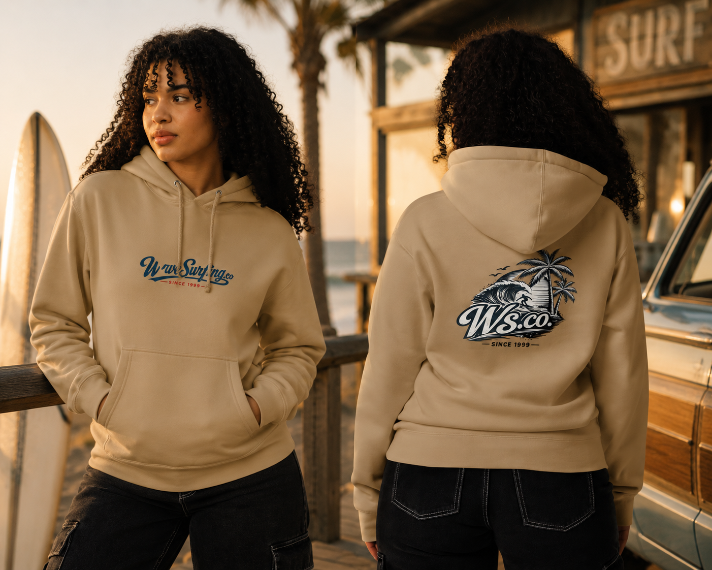 WaveSurfing.co unisex heavyweight hoodie in sand beige, front and back view with surf logo, worn by a model at a surf shop at sunset