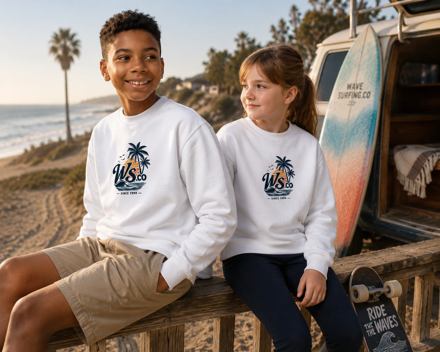 Kids wearing the WaveSurfing™ Youth Crewneck Sweatshirt on a beach with a vintage surf van and ocean at sunset.