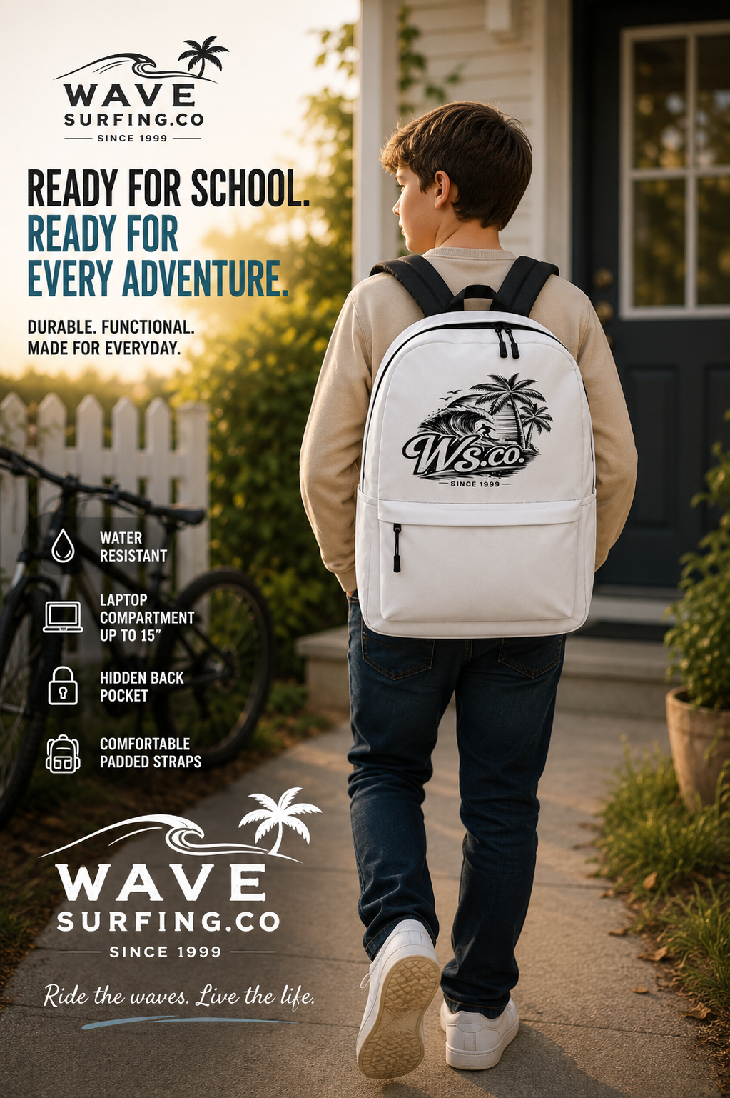 Young student wearing a white WaveSurfing™ backpack while walking to school on a sunny morning. The water-resistant backpack features the WaveSurfing logo and offers a spacious design with a laptop compartment, combining everyday functionality with a coastal surf lifestyle.