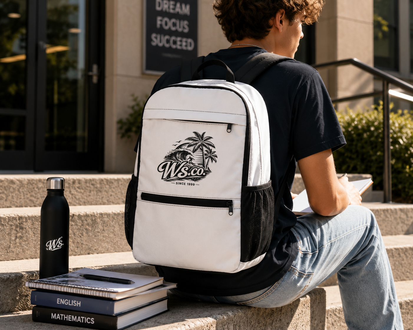 Student wearing the WaveSurfing™ white utility backpack on campus, perfect for school, travel, and everyday adventures.