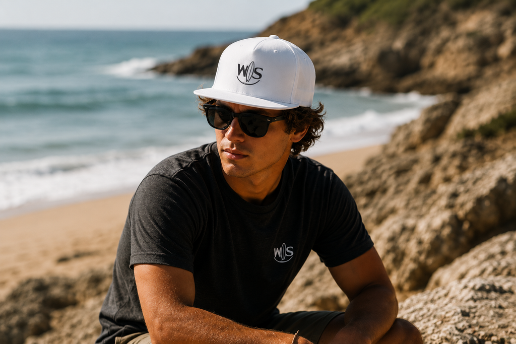 "Young man wearing a white WaveSurfing snapback cap with the WS surfboard logo while relaxing on a rocky beach, capturing a premium coastal lifestyle."