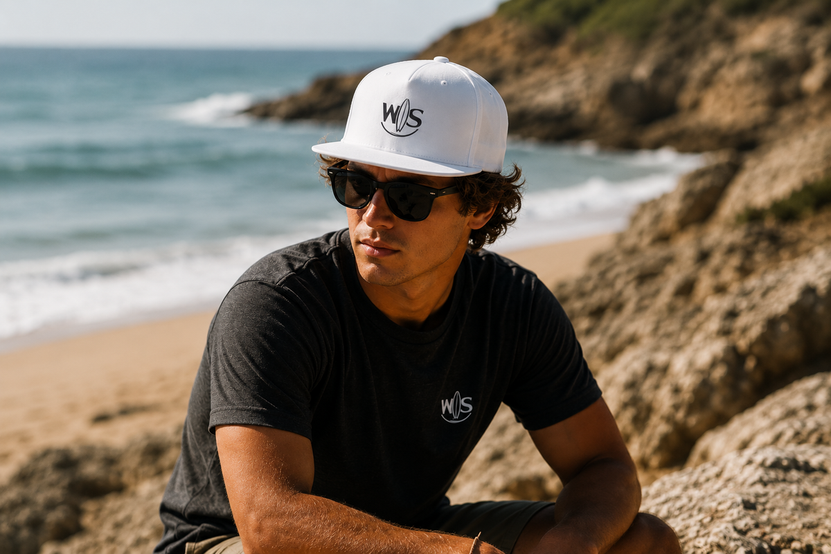 "Young man wearing a white WaveSurfing snapback cap with the WS surfboard logo while relaxing on a rocky beach, capturing a premium coastal lifestyle."