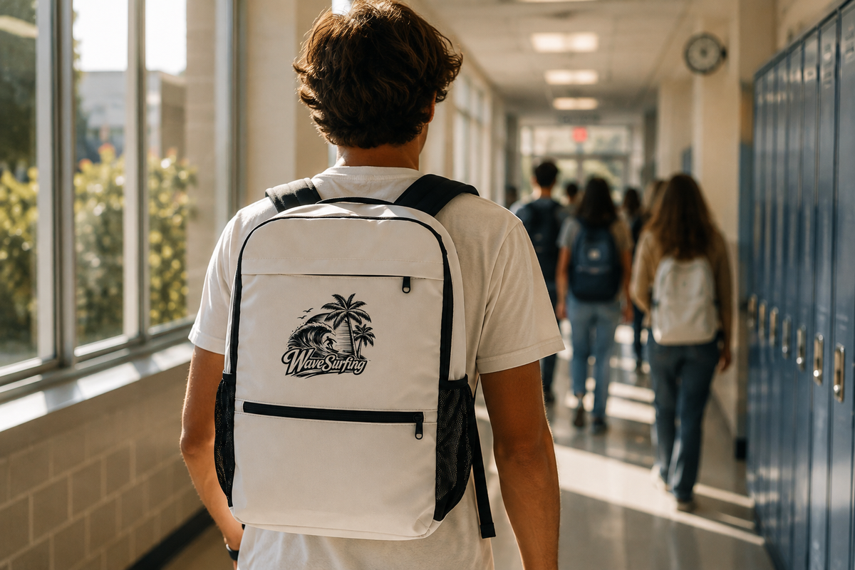 Student wearing the white WaveSurfing utility backpack with vintage surf logo while walking through a school hallway, combining everyday functionality with a premium coastal lifestyle.