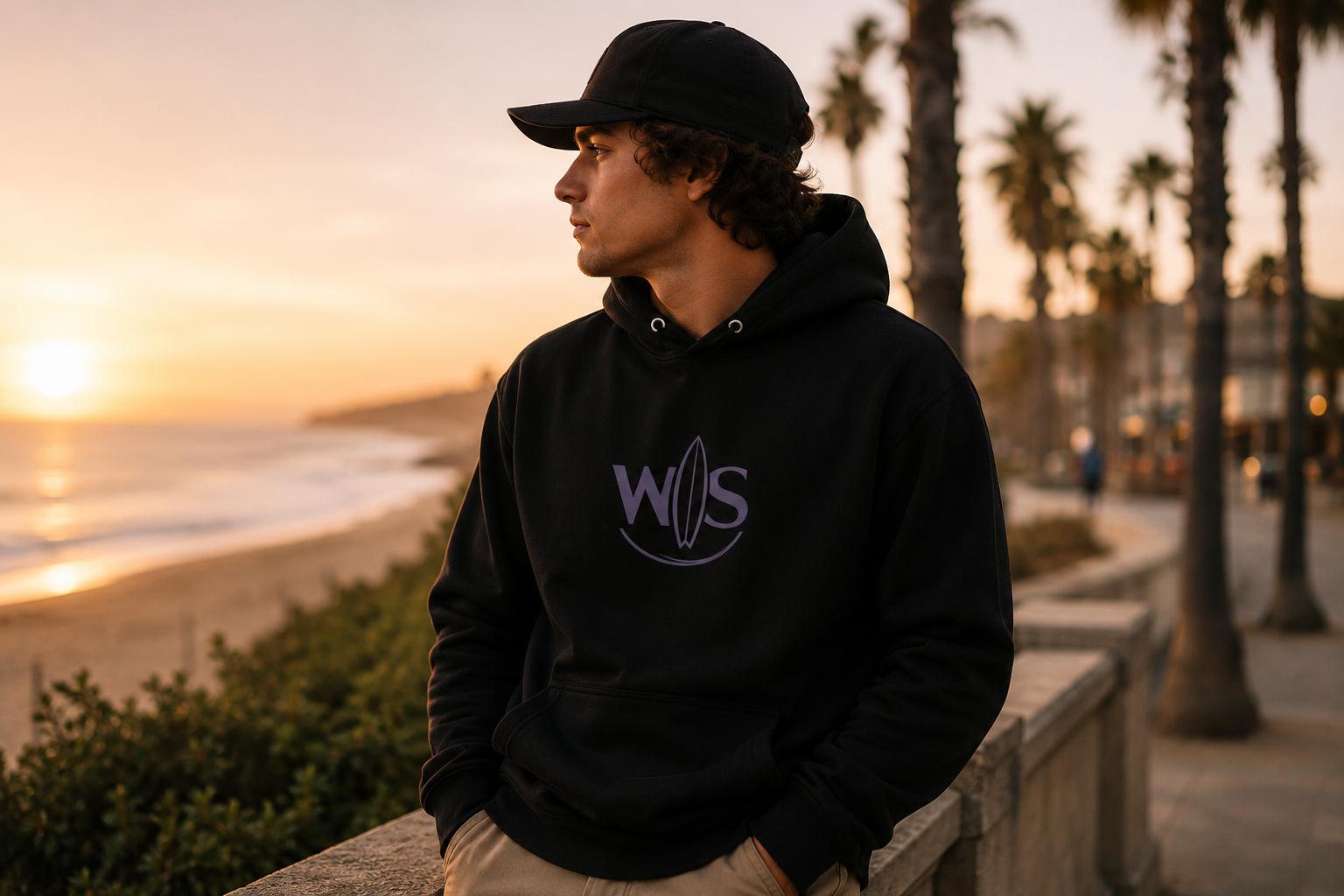 Young man wearing a black WaveSurfing hoodie with the minimalist WS surfboard logo while enjoying a sunset on the beach, showcasing a premium coastal lifestyle.