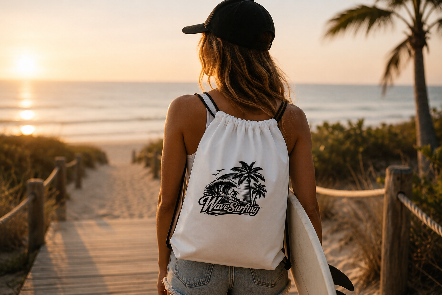 Young woman carrying a white WaveSurfing drawstring bag with a vintage surf logo while walking toward the beach at sunset, capturing a relaxed coastal lifestyle.