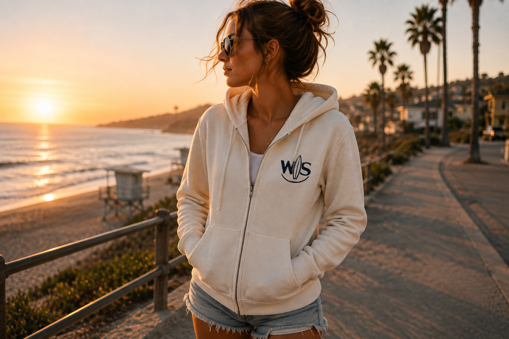Young woman wearing a cream WaveSurfing full-zip hoodie with the minimalist WS surfboard logo while enjoying a sunset by the beach, showcasing a premium coastal lifestyle."