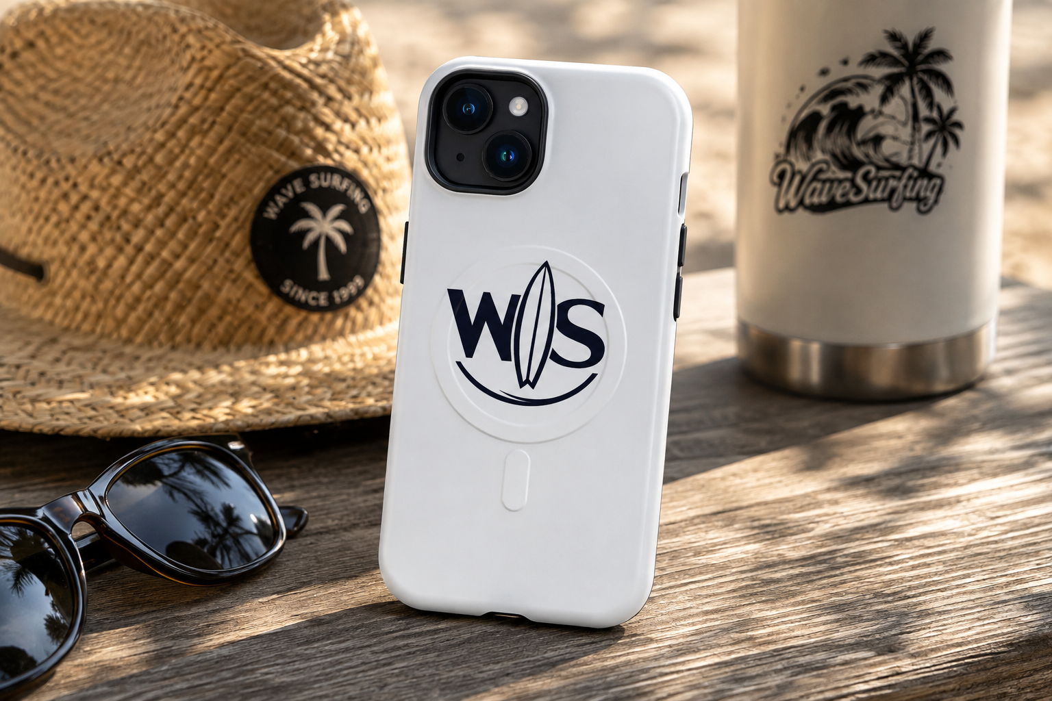 White WaveSurfing MagSafe Tough Case for iPhone featuring the minimalist WS surfboard logo, displayed on a beachside table with coastal accessories, combining premium protection with a modern coastal lifestyle."