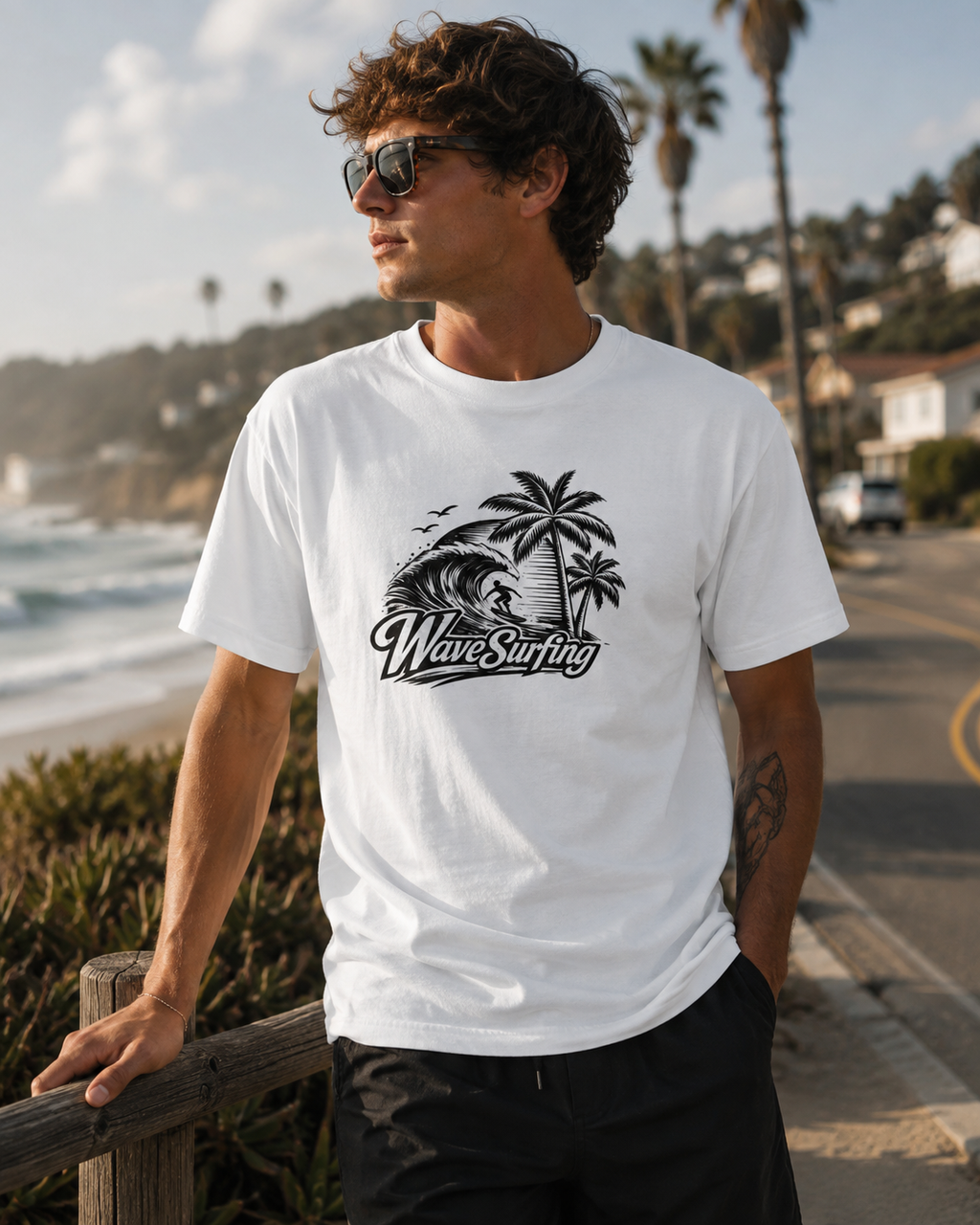 Young man wearing a white WaveSurfing™ t-shirt with the signature vintage surf logo while enjoying a coastal boardwalk at sunset, showcasing a relaxed beach lifestyle and premium everyday comfort