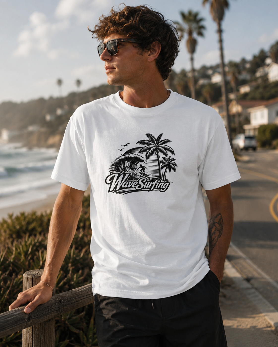 Young man wearing a white WaveSurfing™ t-shirt with the signature vintage surf logo while enjoying a coastal boardwalk at sunset, showcasing a relaxed beach lifestyle and premium everyday comfort