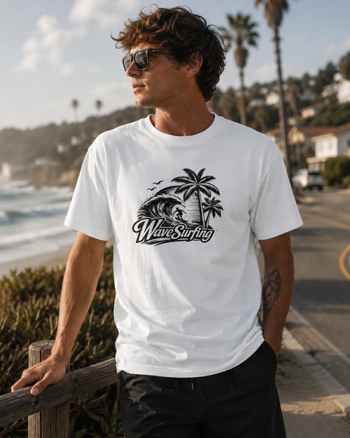 Young man wearing a white WaveSurfing™ t-shirt with the signature vintage surf logo while enjoying a coastal boardwalk at sunset, showcasing a relaxed beach lifestyle and premium everyday comfort