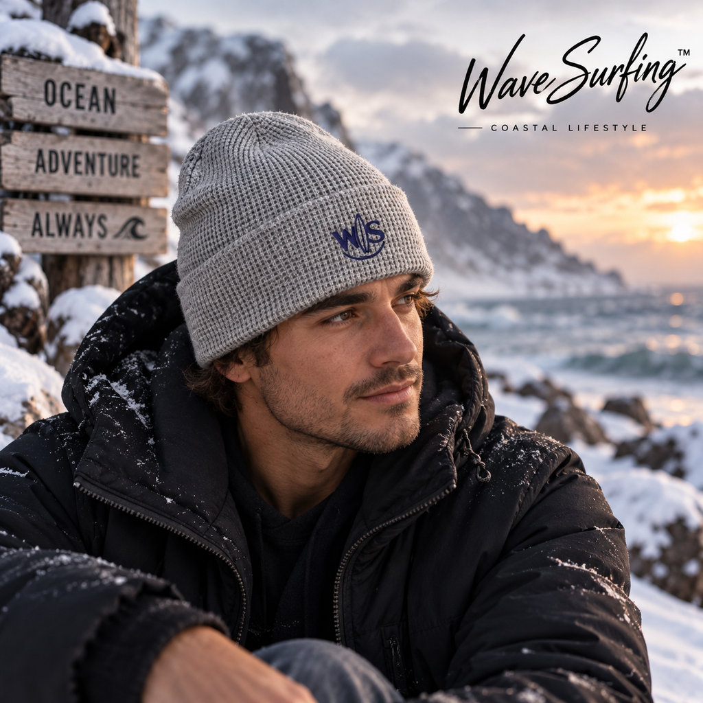 WaveSurfing™ grey waffle beanie with embroidered WS logo worn by a man on a snowy winter coast