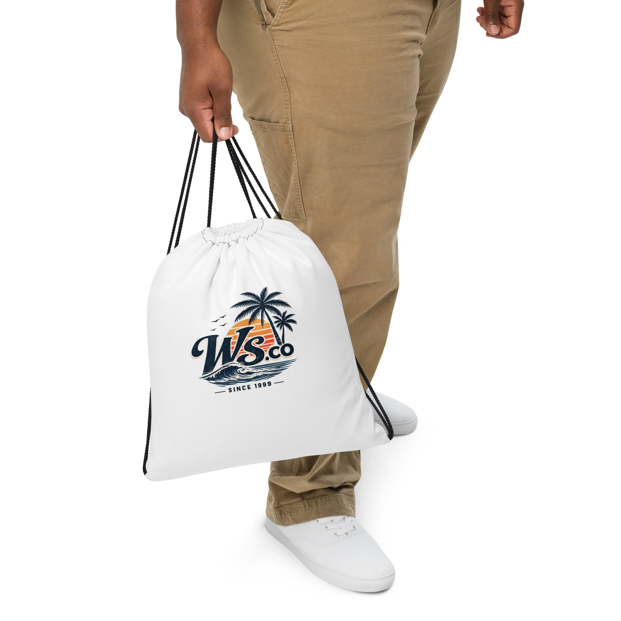 Premium WaveSurfing™ drawstring backpack with durable polyester fabric and comfortable shoulder straps for an active coastal lifestyle.