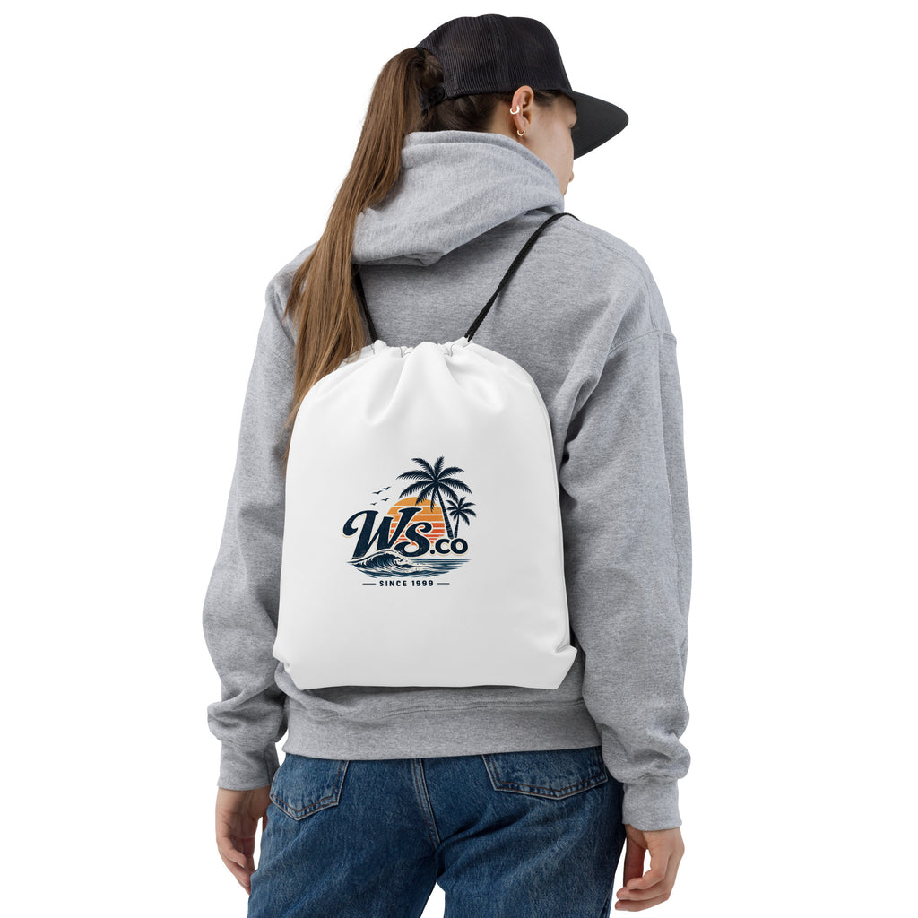 WaveSurfing™ drawstring bag featuring a minimalist surf streetwear design, perfect for the beach, gym, travel, and everyday adventures.