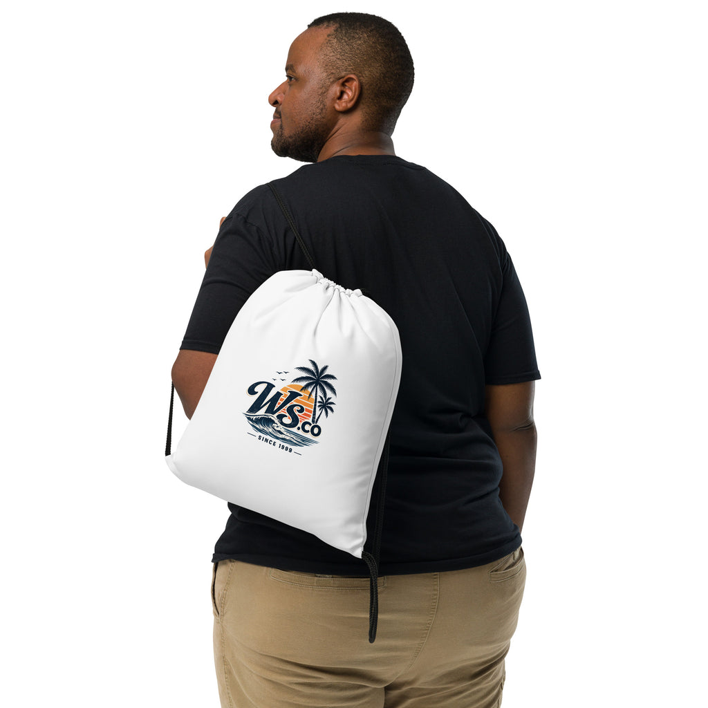 Lightweight WaveSurfing™ gym and beach drawstring bag designed for daily essentials, outdoor adventures, and modern streetwear style.