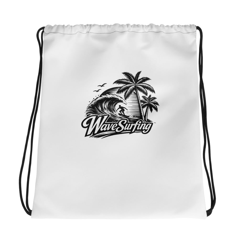 Front view of the white WaveSurfing drawstring bag featuring the vintage surf logo with wave, surfer, and palm trees on a lightweight everyday gym and beach backpack."