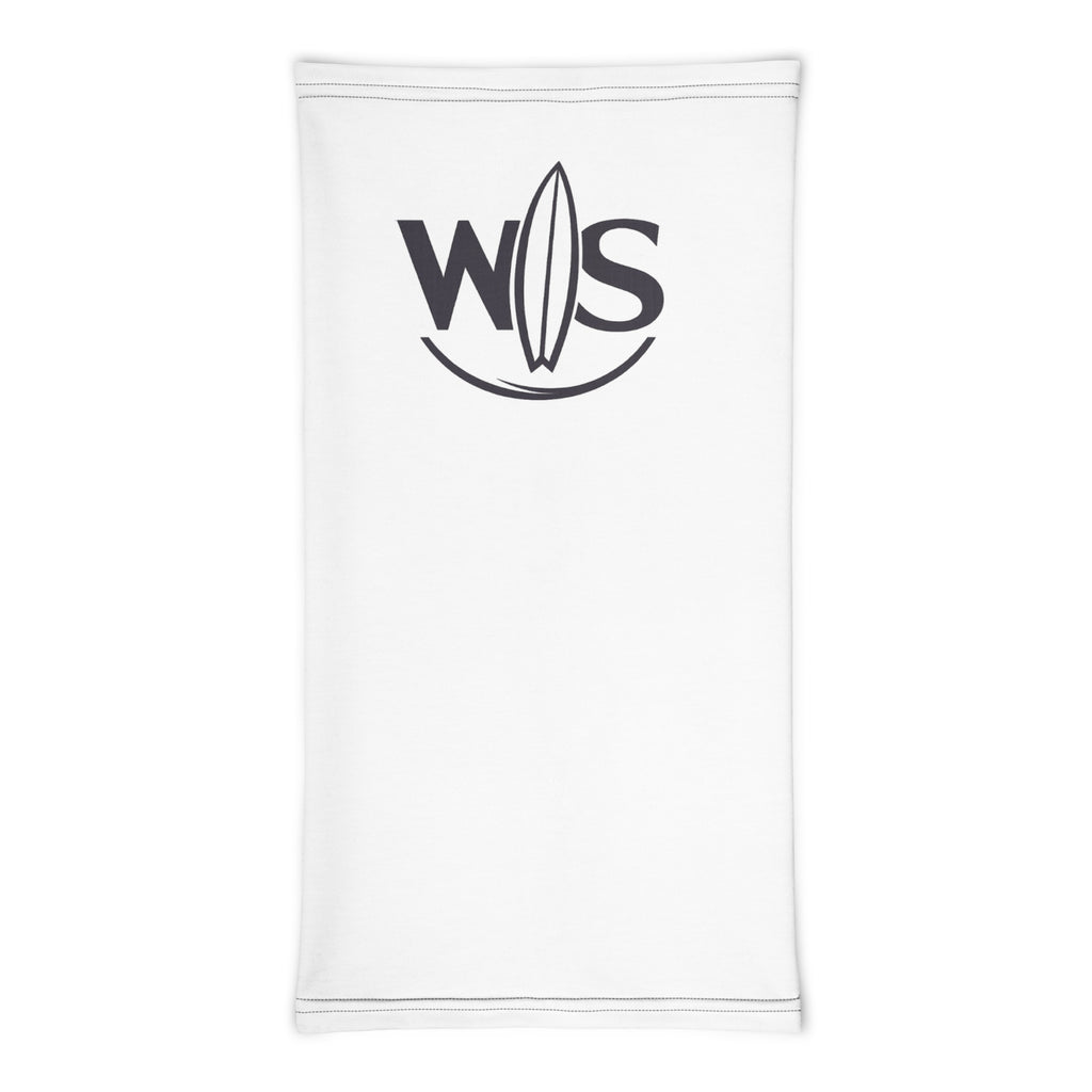 WaveSurfing™ white neck gaiter with WS surfboard logo – front view