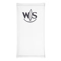 WaveSurfing™ white neck gaiter with WS surfboard logo – front view
