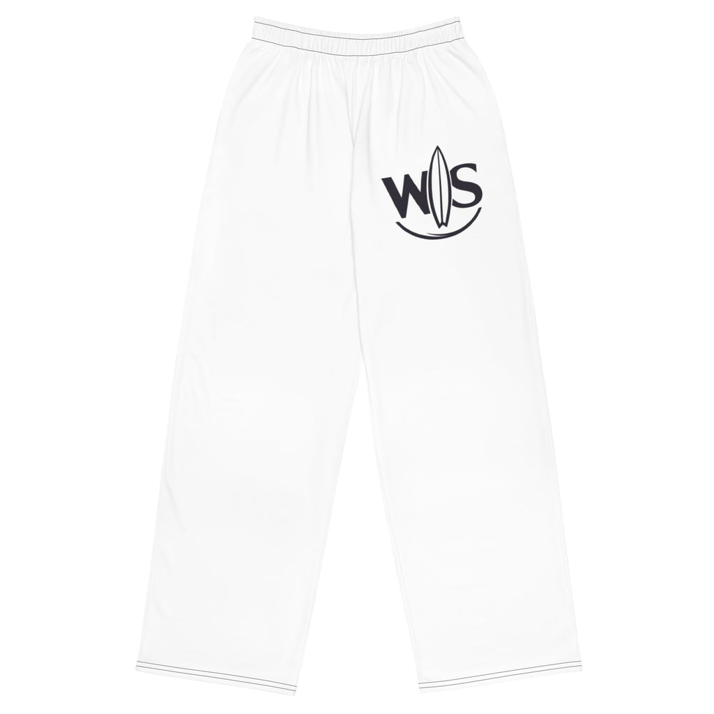 WaveSurfing™ white unisex wide-leg pants front view with black WS surf logo and relaxed coastal design.