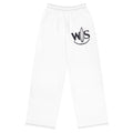 WaveSurfing™ white unisex wide-leg pants front view with black WS surf logo and relaxed coastal design.