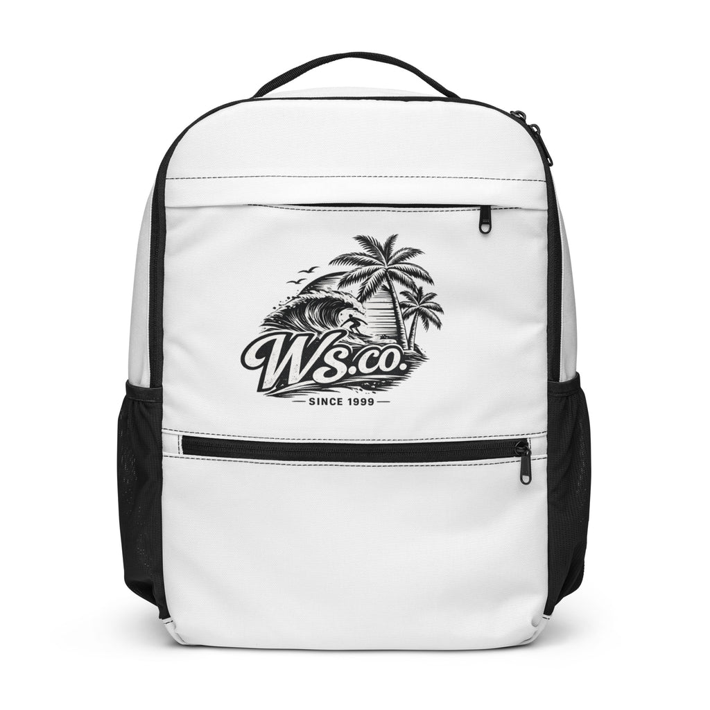 Front view of the WaveSurfing™ Utility Backpack in white with surf-inspired Ws.co logo, featuring multiple zip compartments and side mesh pockets.