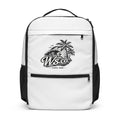 Front view of the WaveSurfing™ Utility Backpack in white with surf-inspired Ws.co logo, featuring multiple zip compartments and side mesh pockets.
