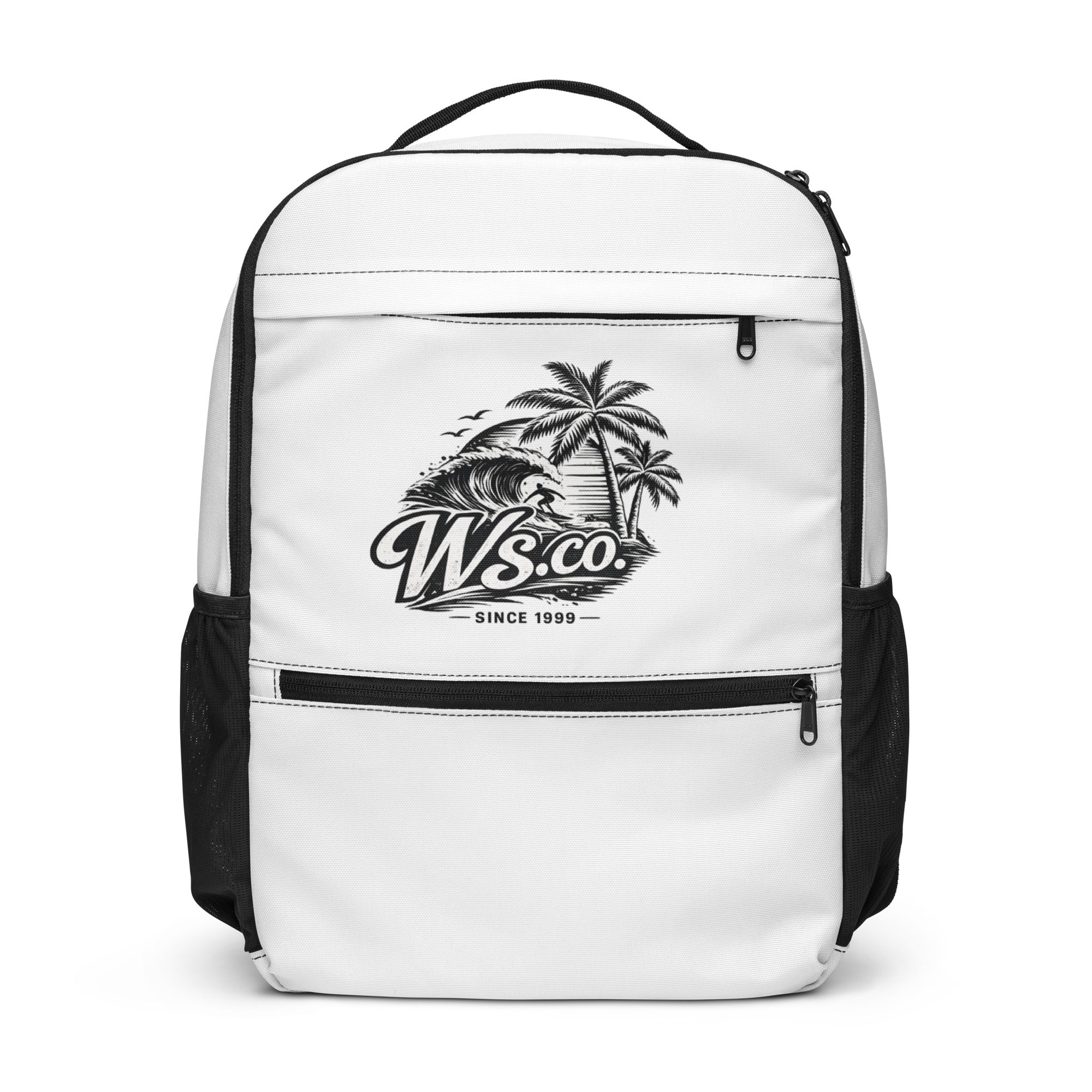 Front view of the WaveSurfing™ Utility Backpack in white with surf-inspired Ws.co logo, featuring multiple zip compartments and side mesh pockets.