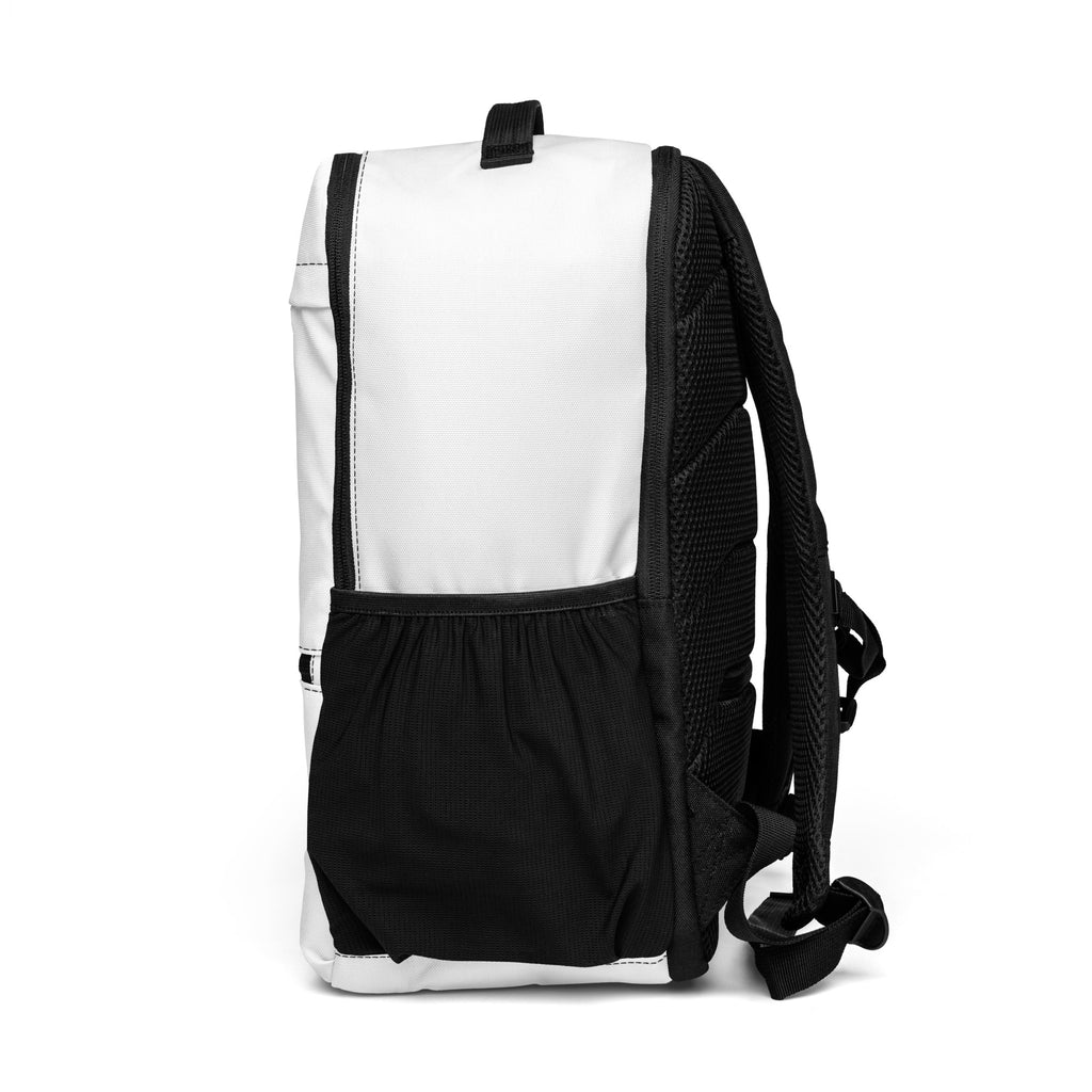 Left side view of the WaveSurfing™ Utility Backpack showing the mesh water bottle pocket, durable construction, and comfortable shoulder straps.
