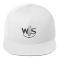 White WaveSurfing snapback cap featuring the minimalist WS surfboard logo embroidered on the front panel.