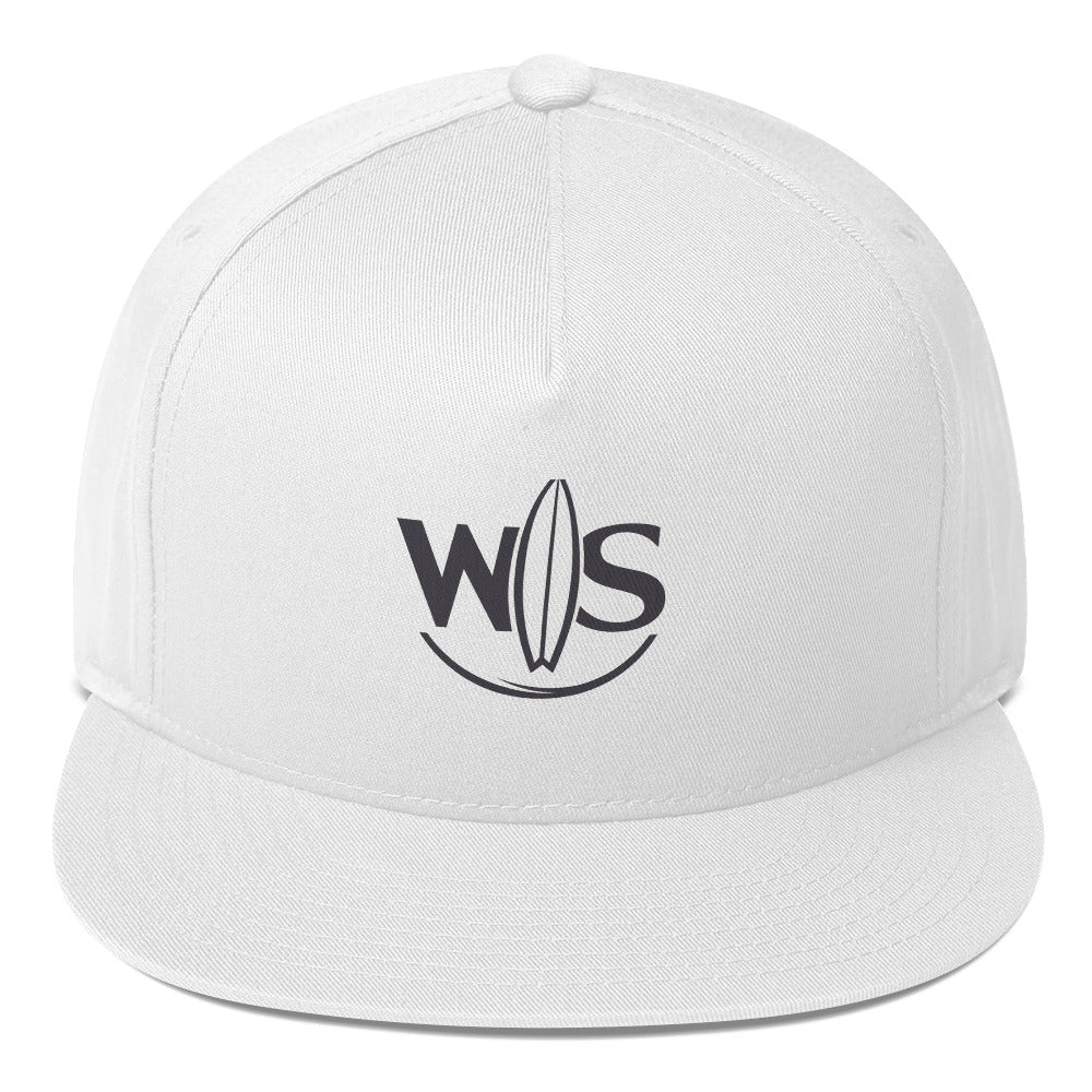 White WaveSurfing snapback cap featuring the minimalist WS surfboard logo embroidered on the front panel.