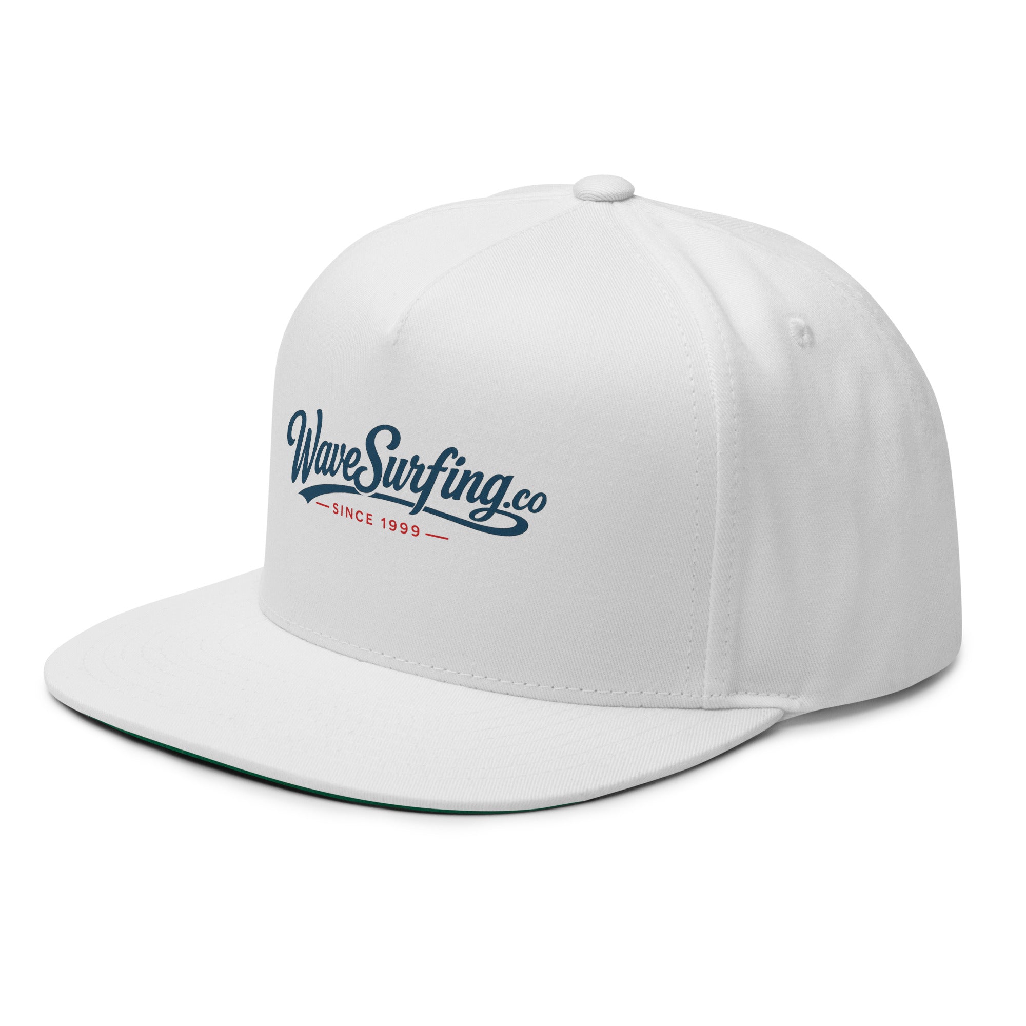  WaveSurfing™ Flat Bill Snapback Cap blanc – Vue 3/4 arrière logo WaveSurfing.co Since 1999