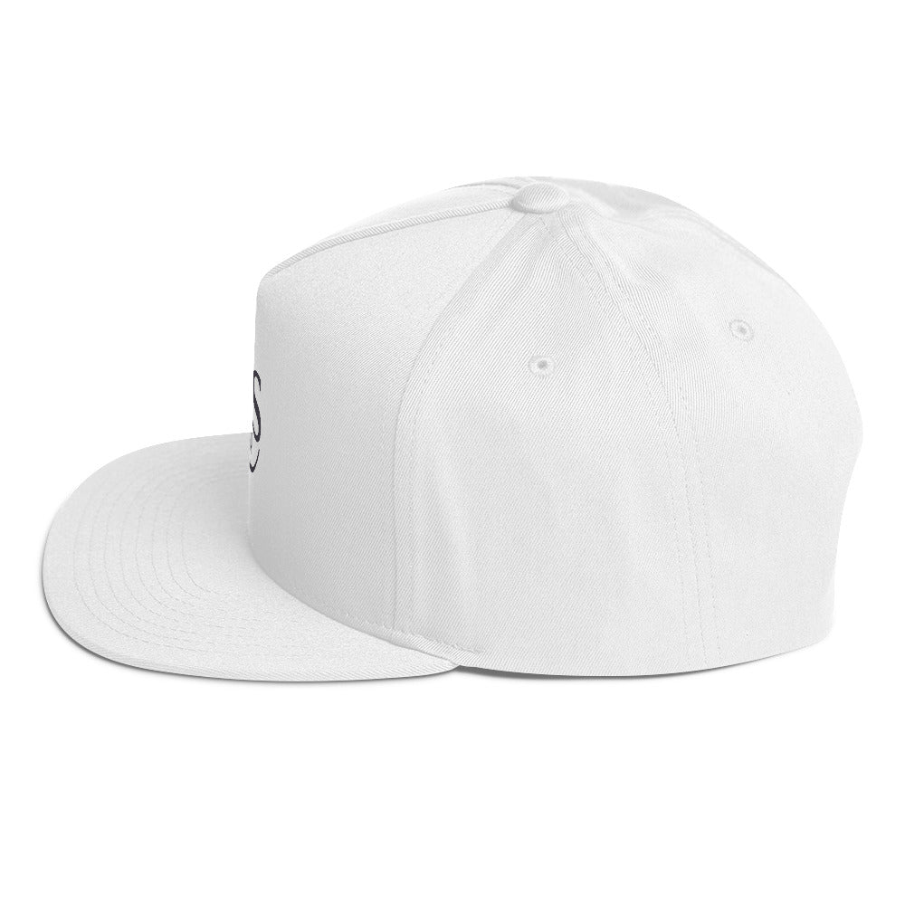 Left side view of the white WaveSurfing flat bill cap showcasing its premium structure and modern surf-inspired style.