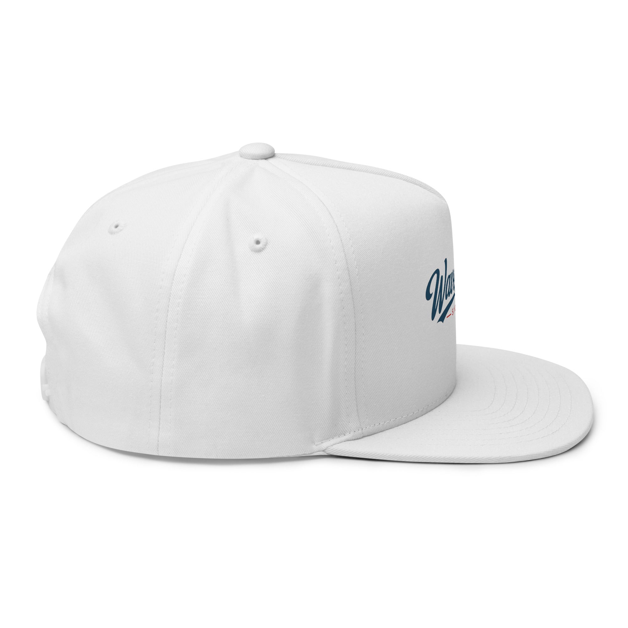 WaveSurfing™ Flat Bill Snapback Cap blanc – Vue côté droit logo WaveSurfing.co brodé