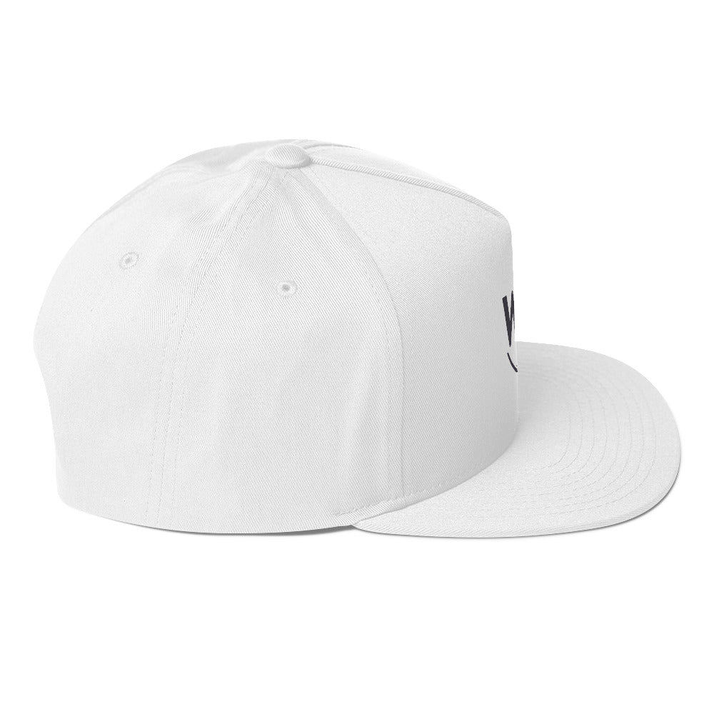 Right side view of the white WaveSurfing snapback hat with flat brim and timeless coastal lifestyle aesthetic.