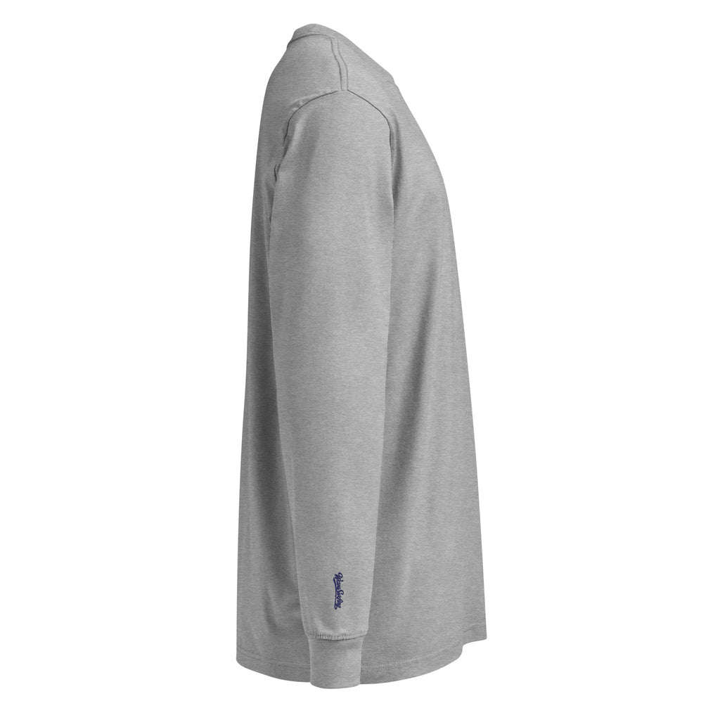 Right-side view of WaveSurfing™ men’s grey heavyweight long sleeve T-shirt featuring the WS logo detail on the wrist.
