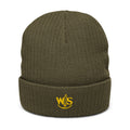 WaveSurfing™ olive ribbed knit beanie with embroidered yellow WS surfboard logo – front view