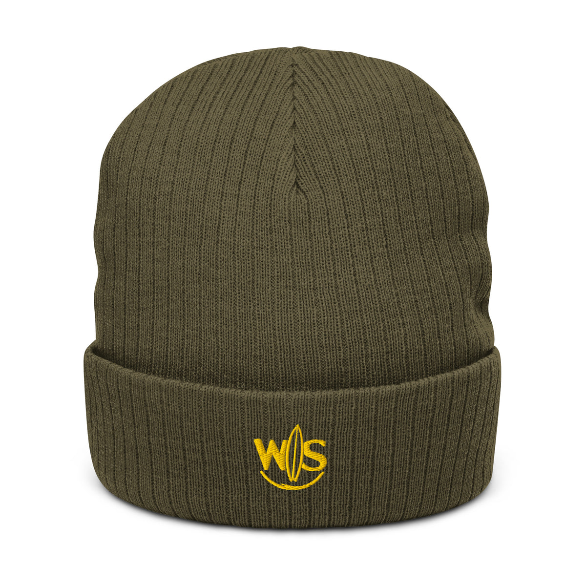 WaveSurfing™ olive ribbed knit beanie with embroidered yellow WS surfboard logo – front view