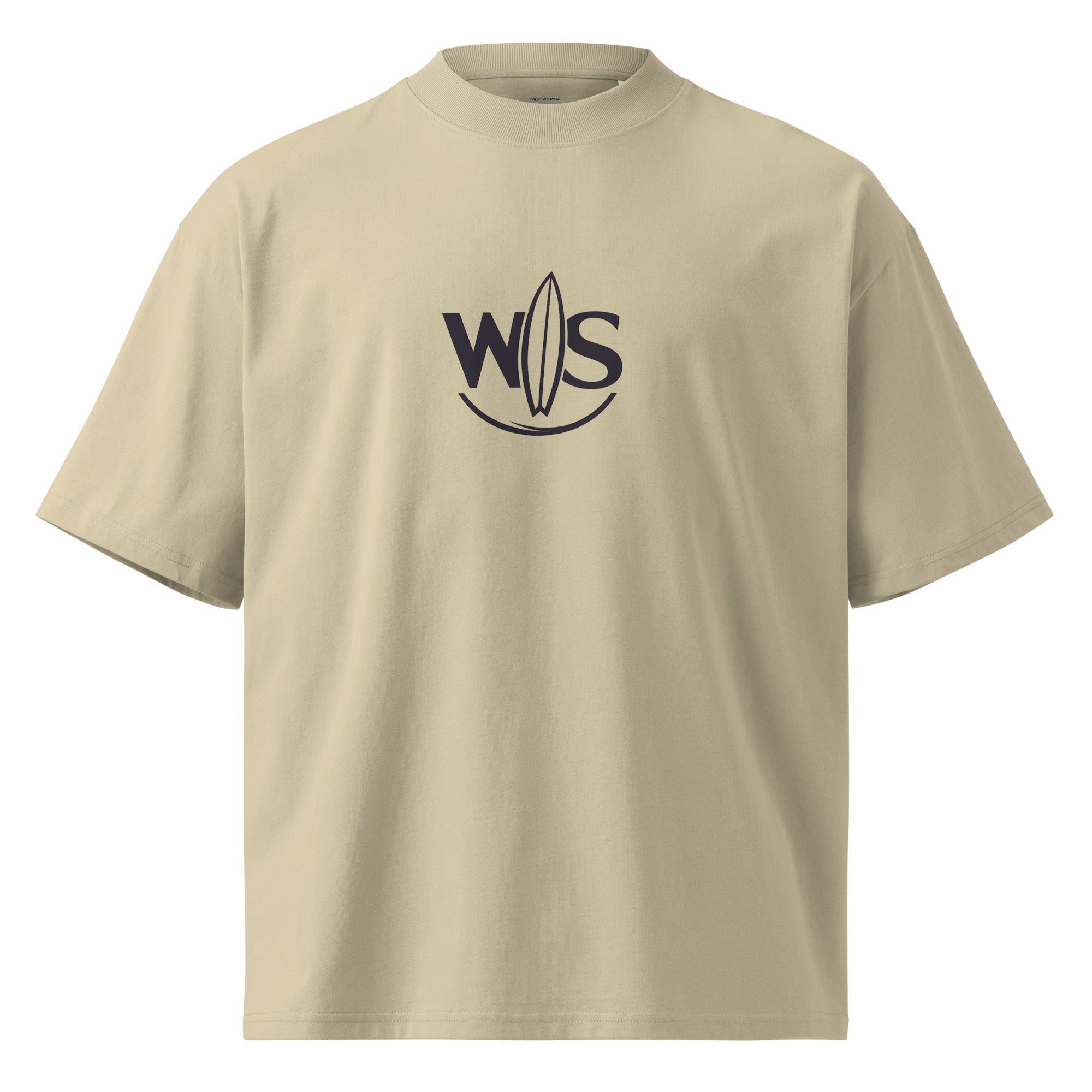 Front view of the WaveSurfing™ Unisex Organic Oversized High Neck T-Shirt in stone color, featuring the minimalist WS surfboard logo on premium organic cotton with a relaxed oversized fit."