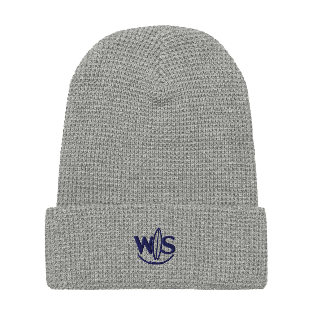 WaveSurfing™ grey waffle beanie front view with embroidered WS surf logo