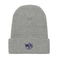 WaveSurfing™ grey waffle beanie front view with embroidered WS surf logo