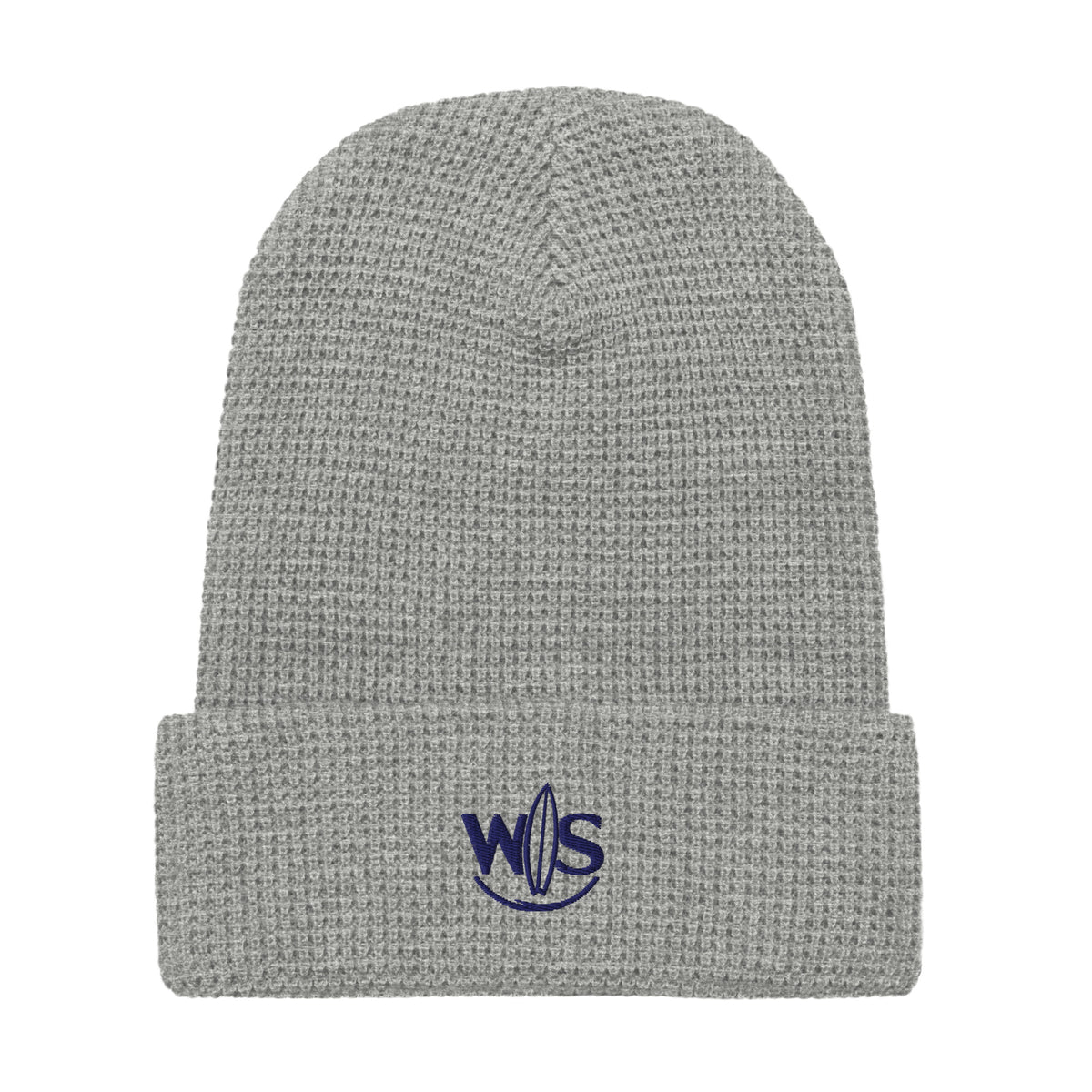 WaveSurfing™ grey waffle beanie front view with embroidered WS surf logo