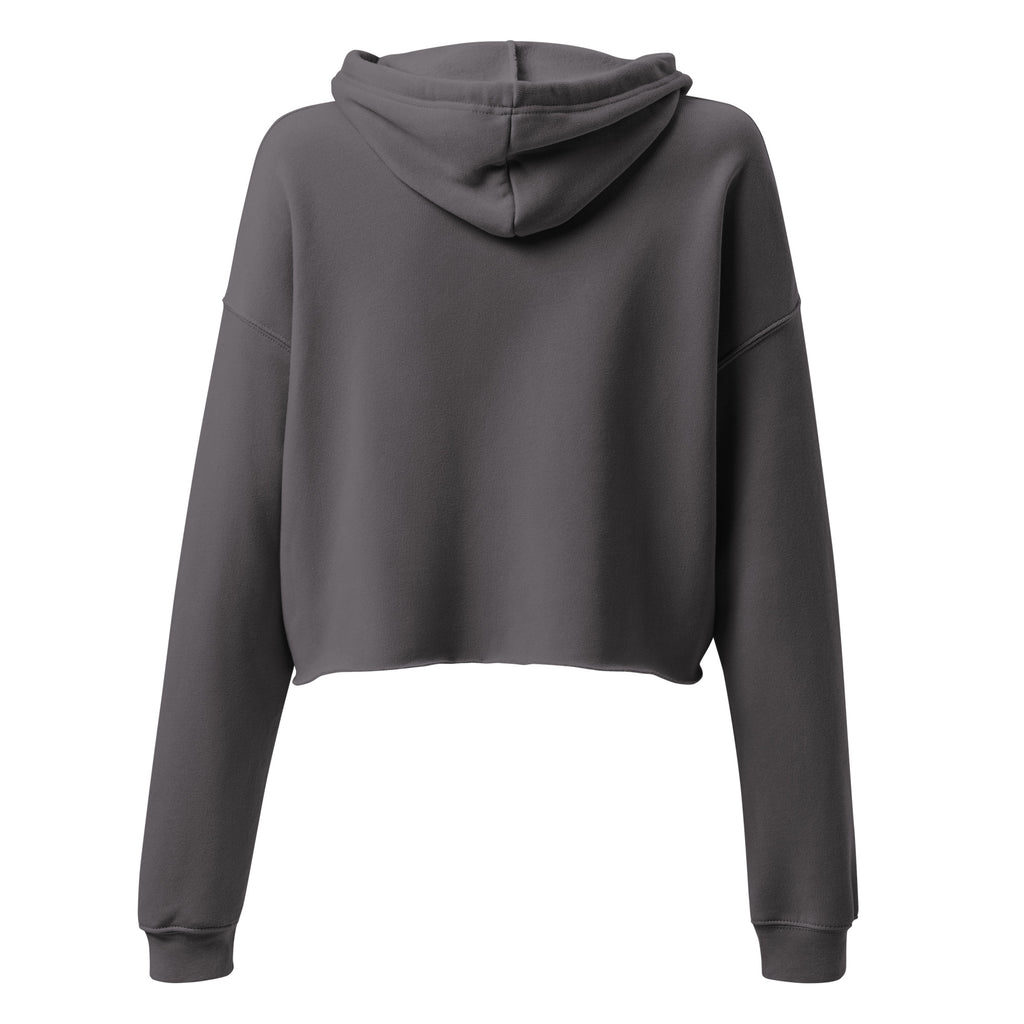 Back view of women's charcoal gray cropped hoodie, showing the plain back design