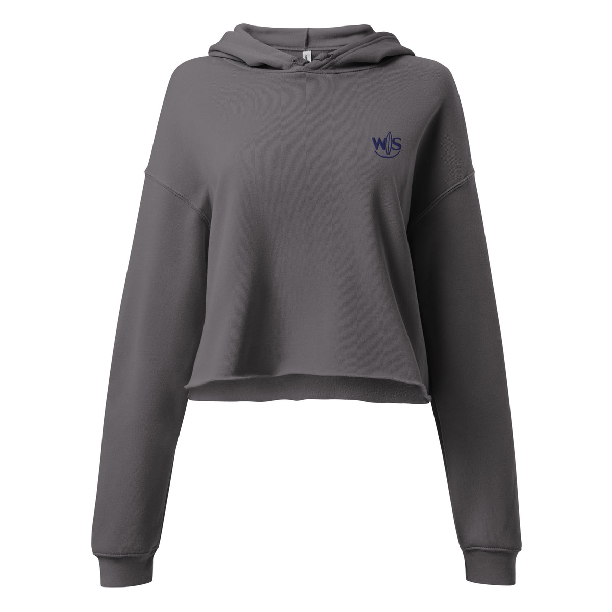 Women's charcoal gray cropped hoodie with WaveSurfing logo on the chest