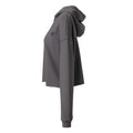 Side profile view of women's charcoal gray cropped hoodie in storm color
