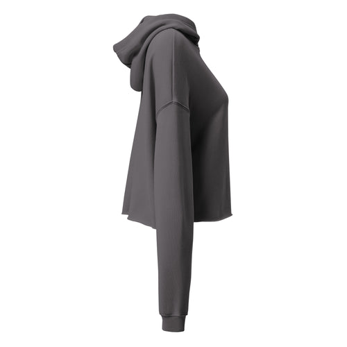 Right side profile of women's charcoal gray cropped hoodie in storm color