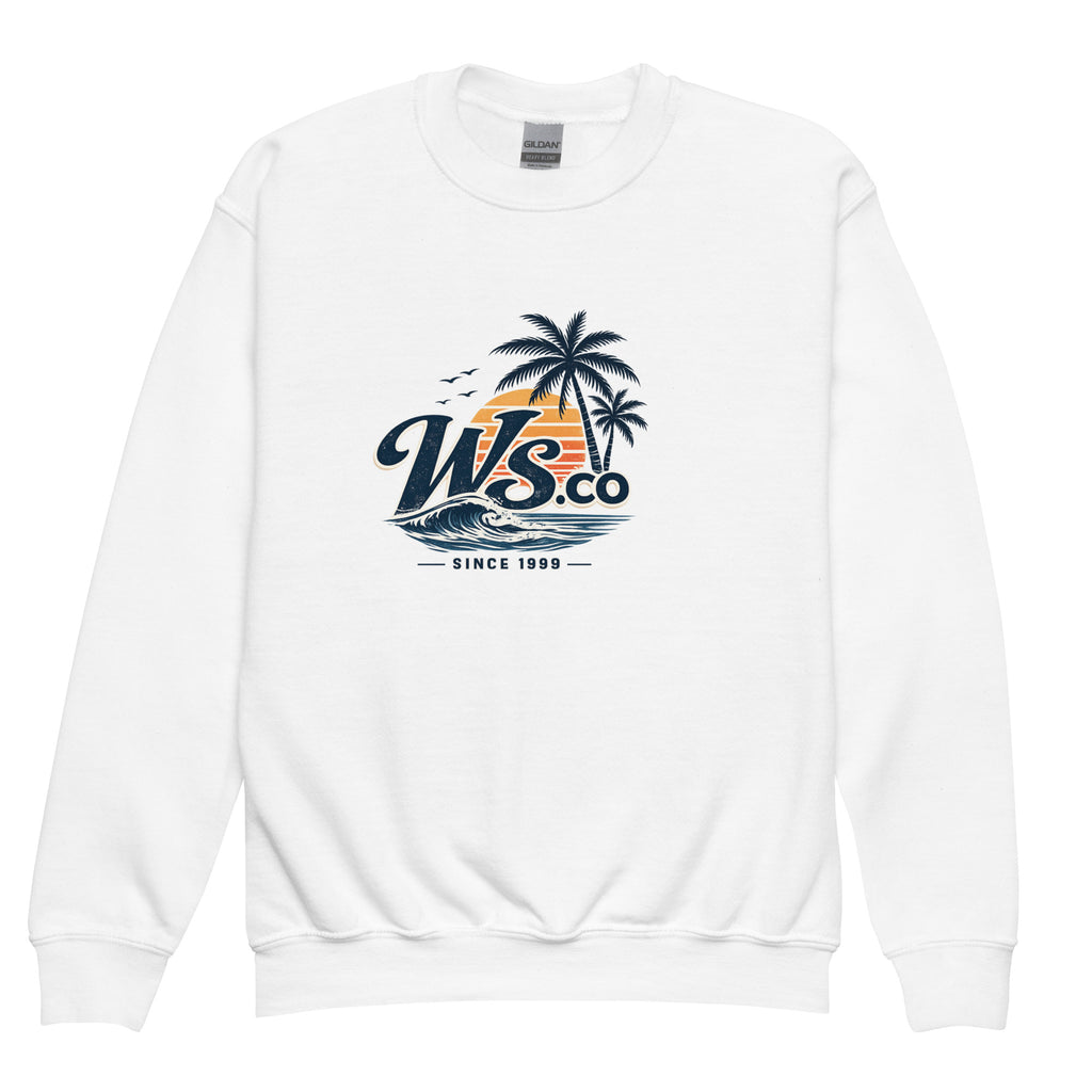 White WaveSurfing™ Youth Crewneck Sweatshirt with premium fleece fabric, classic fit, and coastal-inspired logo for kids.