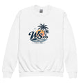 White WaveSurfing™ Youth Crewneck Sweatshirt with premium fleece fabric, classic fit, and coastal-inspired logo for kids.